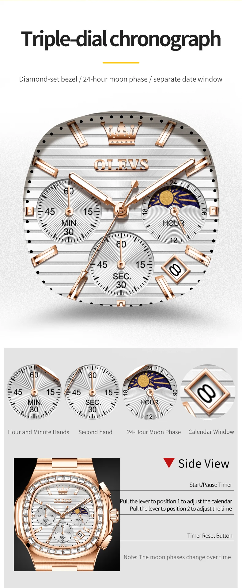 OLEVS 3739 Multifunctional Stainless Steel Moon Lunar Phase Luxury Calendar Waterproof Quartz Watch for Man 4