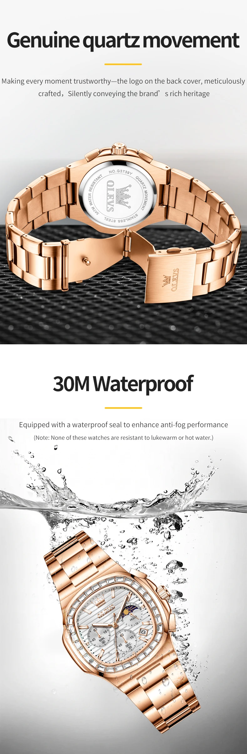 OLEVS 3739 Multifunctional Stainless Steel Moon Lunar Phase Luxury Calendar Waterproof Quartz Watch for Man 5