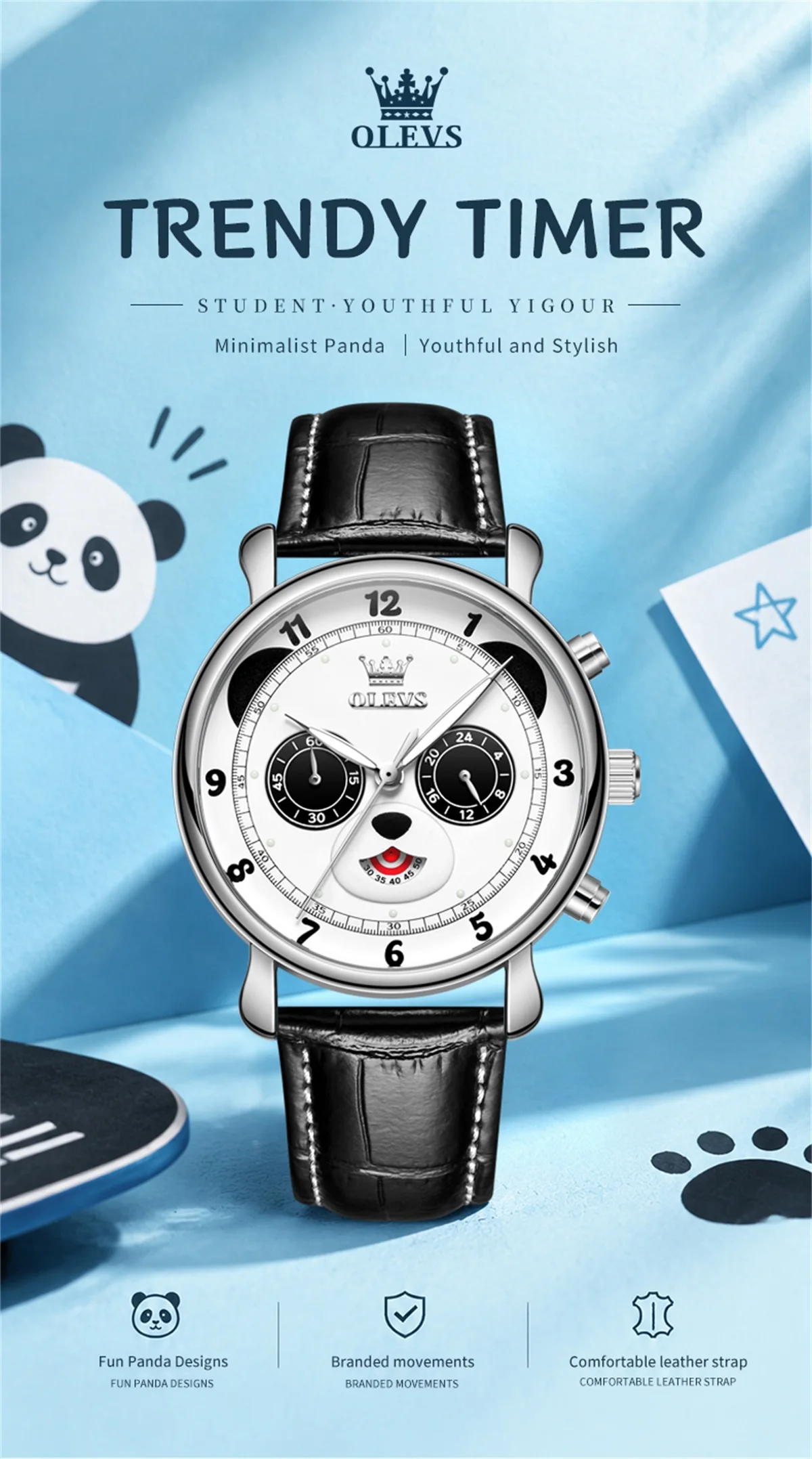OLEVS 3753 Fashion Sports Students Multi Functional Chronograph Genuine Panda Leather Calendar Man Quartz Watch 1