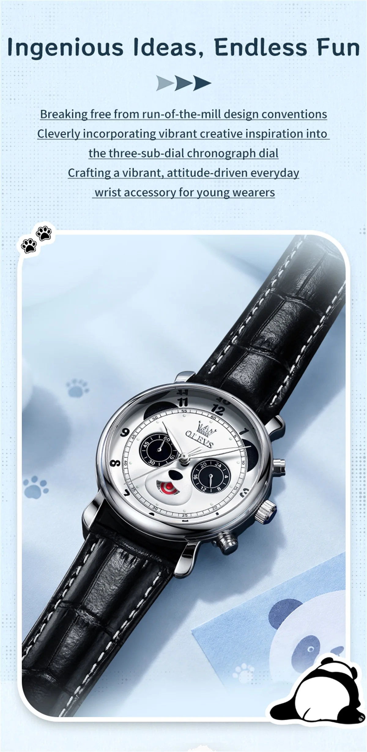 OLEVS 3753 Fashion Sports Students Multi Functional Chronograph Genuine Panda Leather Calendar Man Quartz Watch 2