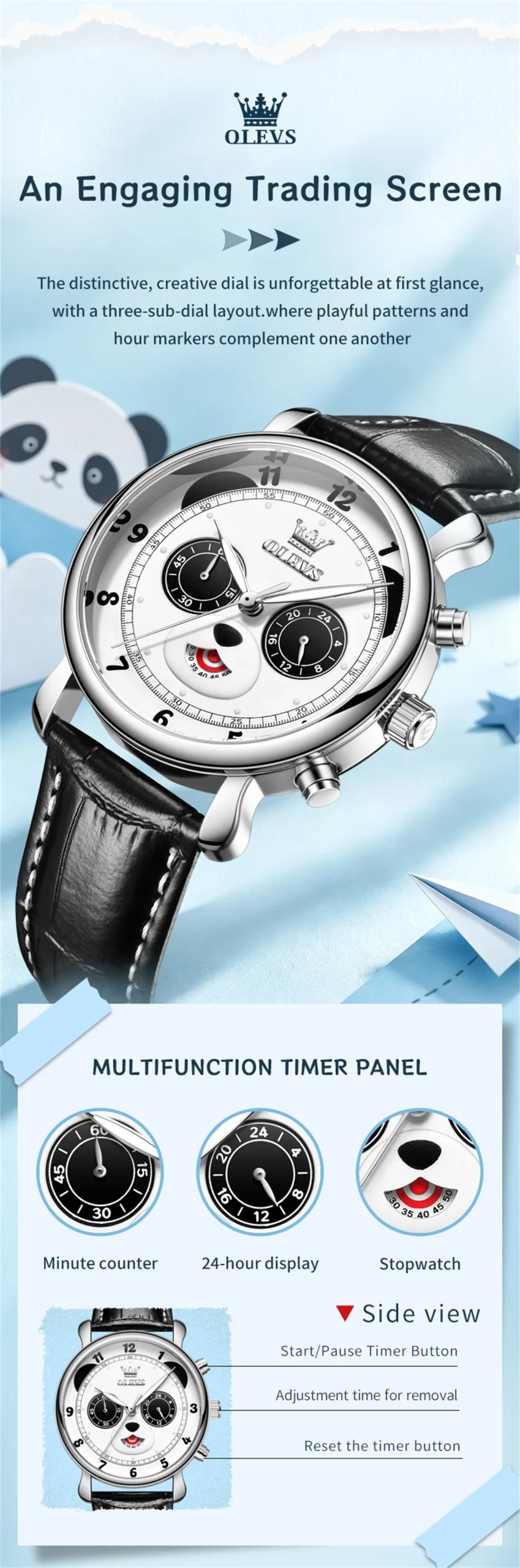 OLEVS 3753 Fashion Sports Students Multi Functional Chronograph Genuine Panda Leather Calendar Man Quartz Watch 4