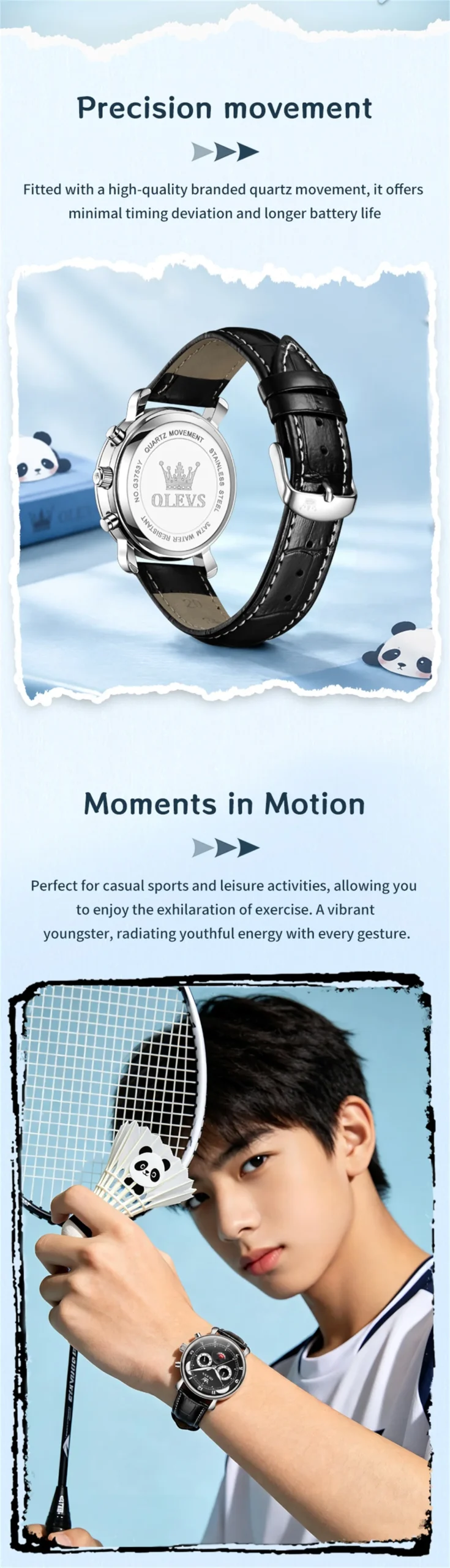 OLEVS 3753 Fashion Sports Students Multi Functional Chronograph Genuine Panda Leather Calendar Man Quartz Watch 5