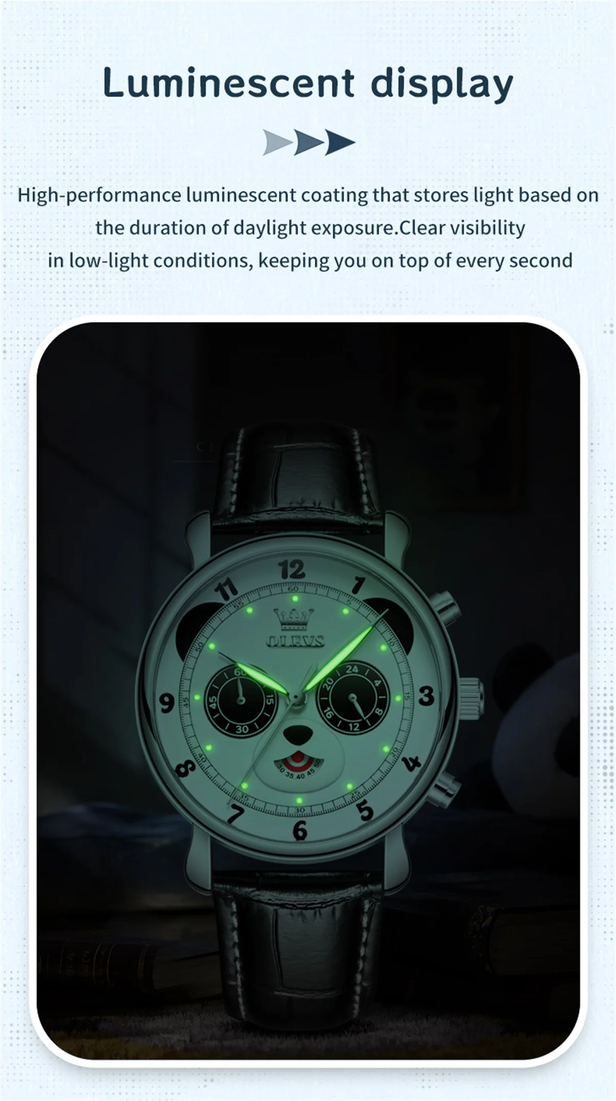 OLEVS 3753 Fashion Sports Students Multi Functional Chronograph Genuine Panda Leather Calendar Man Quartz Watch 7