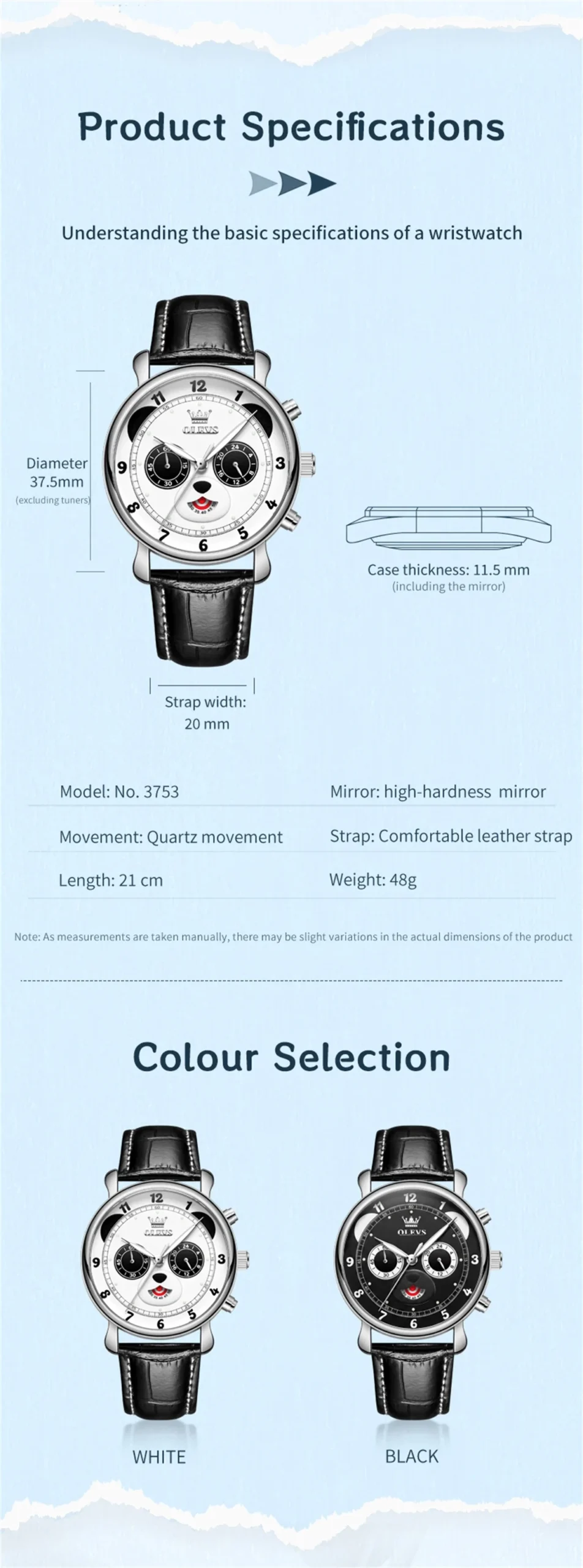 OLEVS 3753 Fashion Sports Students Multi Functional Chronograph Genuine Panda Leather Calendar Man Quartz Watch 8
