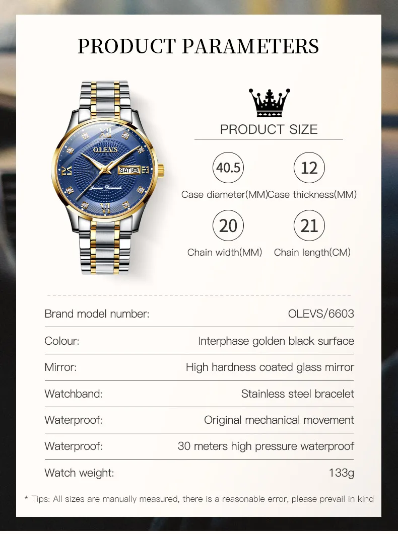 OLEVS 6603 Waterproof Luxury Watch Stainless Steel Classic Relojes Gold Watch for Man Mechanical Wrist Watch 6