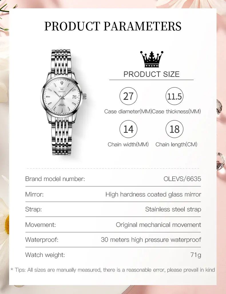 OLEVS 6635 Luxury Stainless Steel Classic Fashion Luxury Calendar Mechanical Watch for Women's Automatic Watch 6