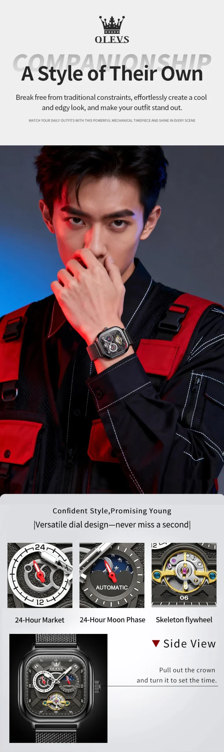 OLEVS 6782 Luxury Designer Brand Hollow Skeleton Watches Moon Phase Watch Automatic Mechanical Watch for Man 5