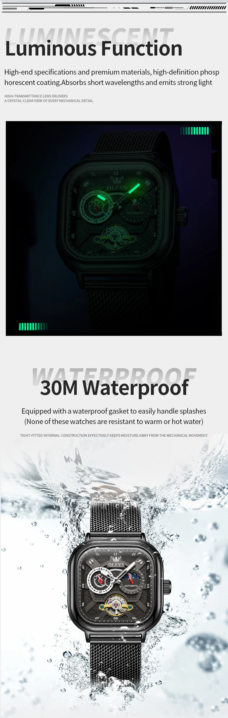 OLEVS 6782 Luxury Designer Brand Hollow Skeleton Watches Moon Phase Watch Automatic Mechanical Watch for Man 6
